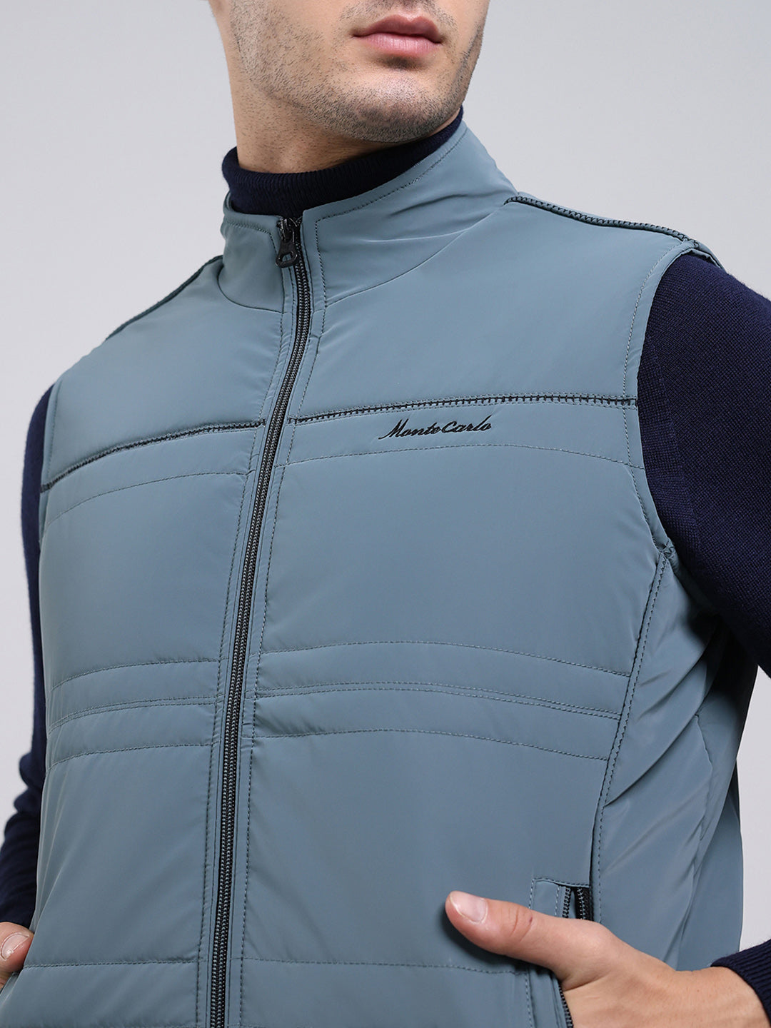 Men Grey Solid Mock Neck Sleeveless Jacket