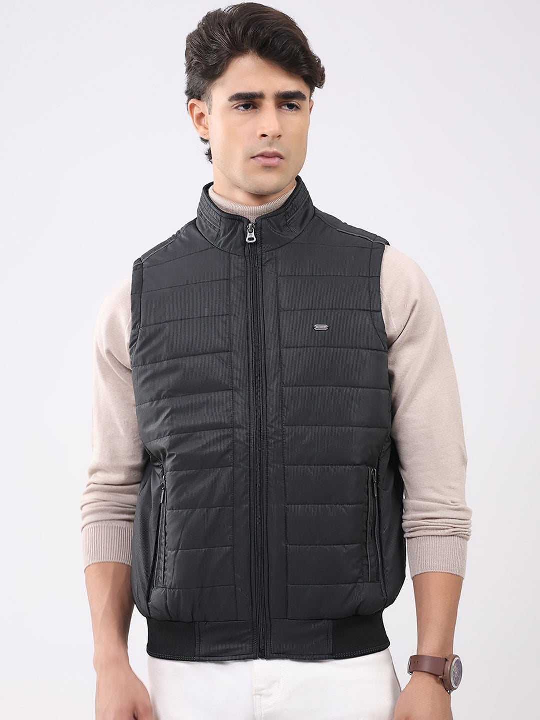 Men Black Solid Mock Neck Sleeveless Jacket