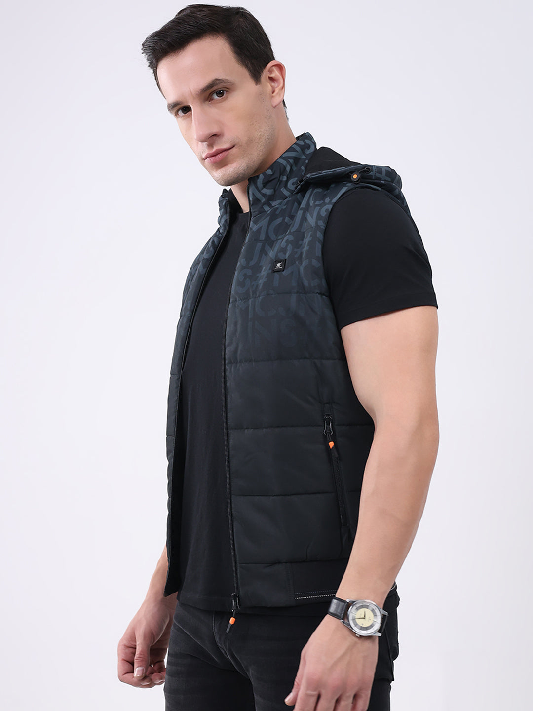 Men Black Self Design Hooded Sleeveless Jacket