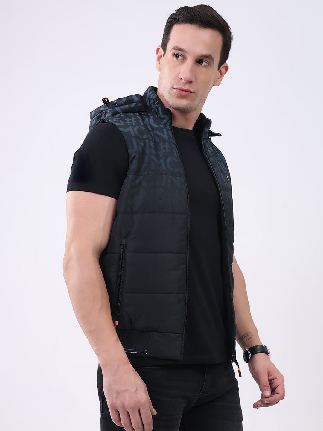 Men Black Self Design Hooded Sleeveless Jacket