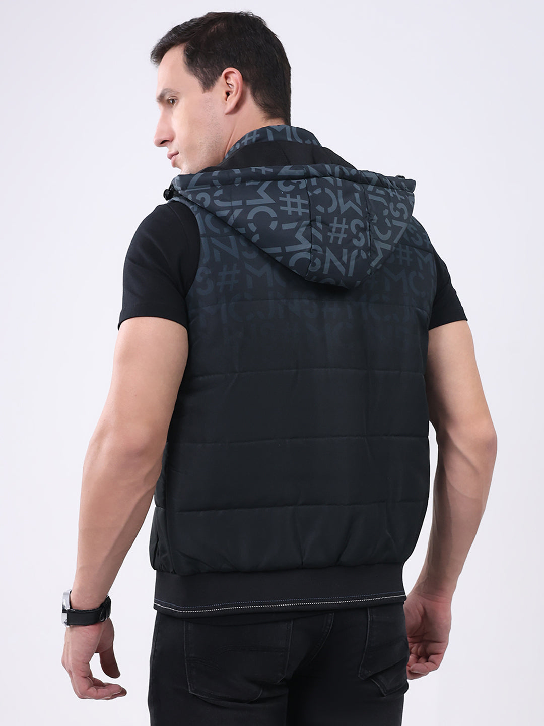 Men Black Self Design Hooded Sleeveless Jacket