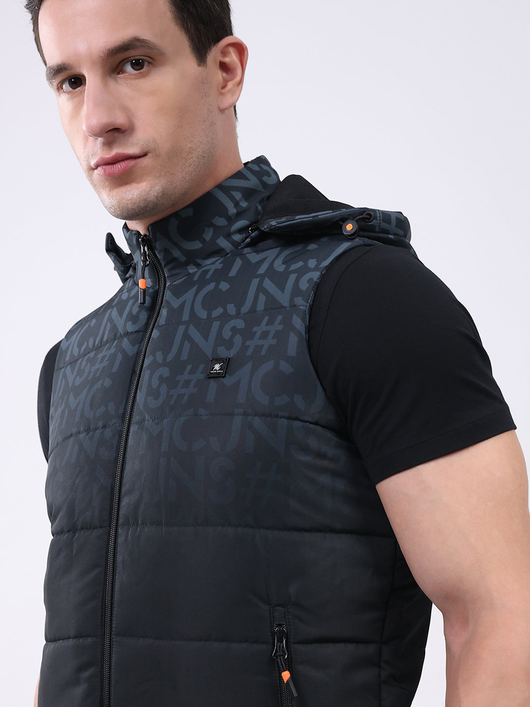 Men Black Self Design Hooded Sleeveless Jacket