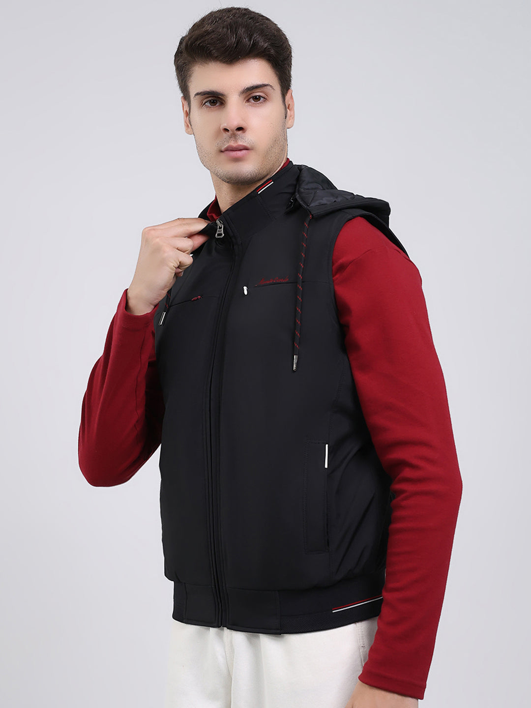 Men Black Solid Hooded Sleeveless Jacket
