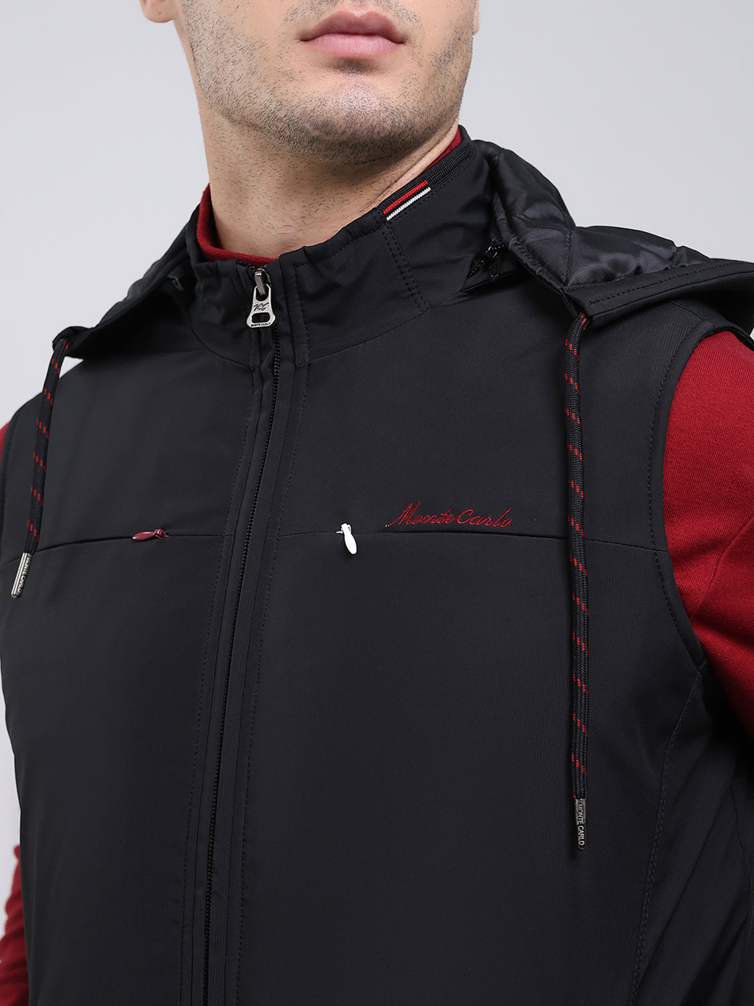 Men Black Solid Hooded Sleeveless Jacket