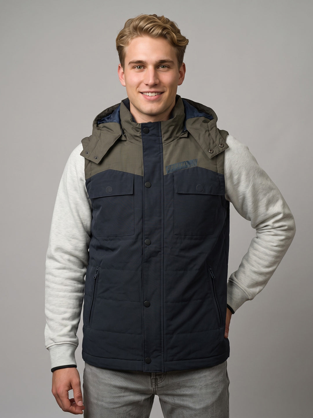 Men Navy Blue Solid Hooded Sleeveless Jacket