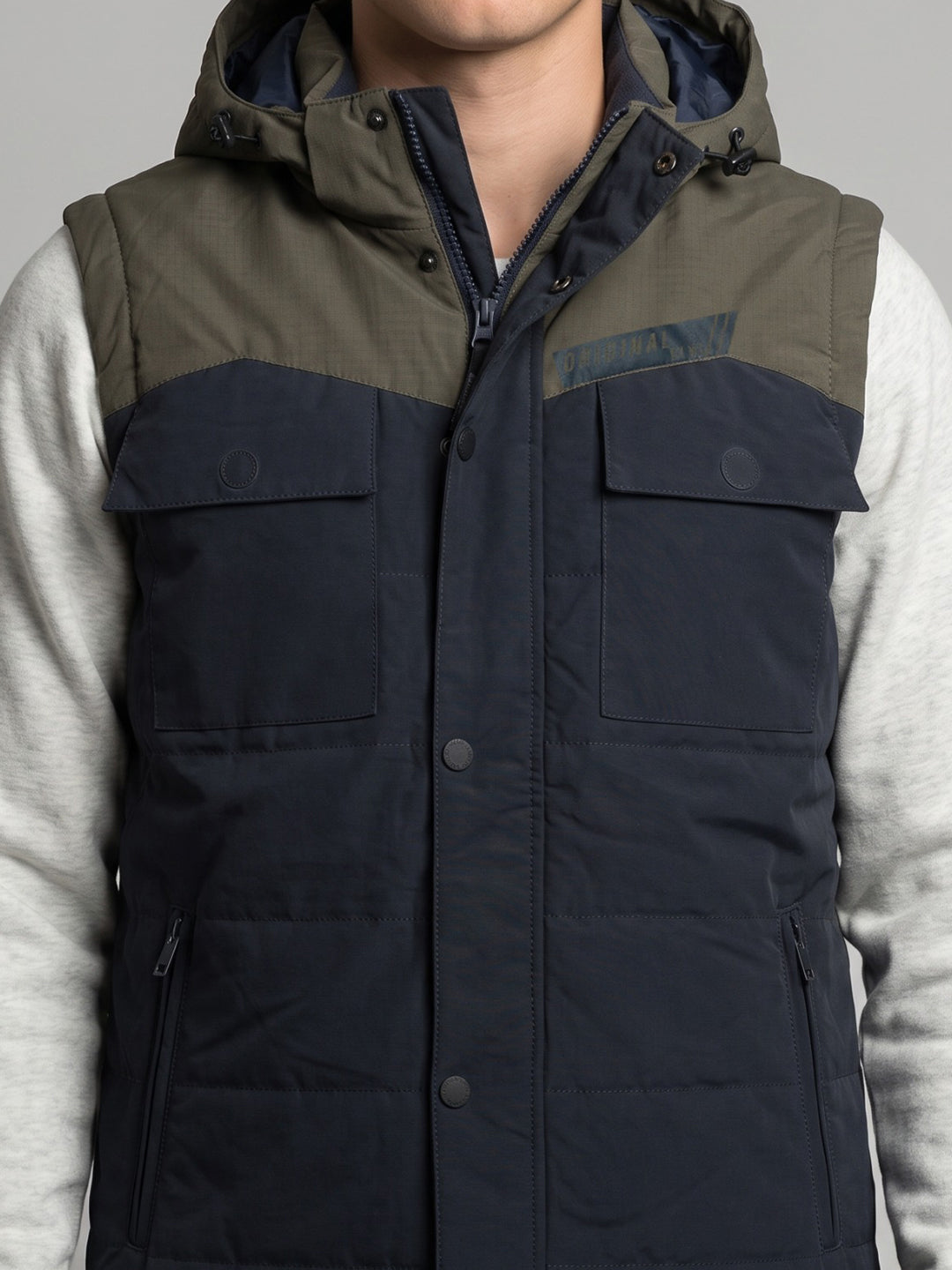 Men Navy Blue Solid Hooded Sleeveless Jacket