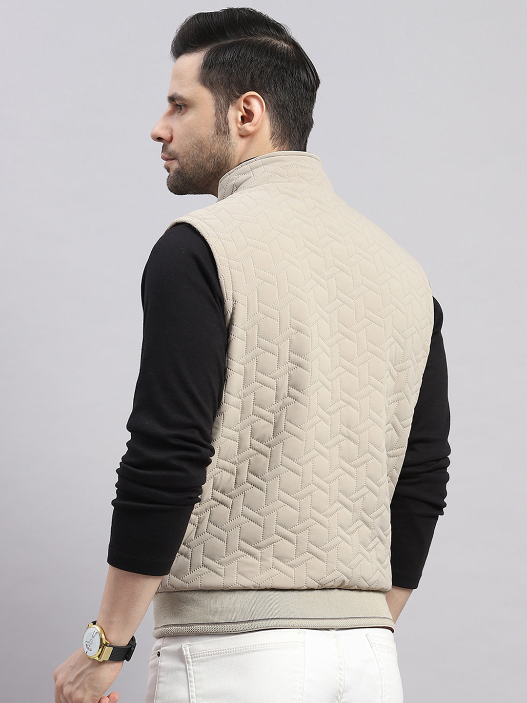 Men Beige Solid Collar Sleeveless Reversible Jacket