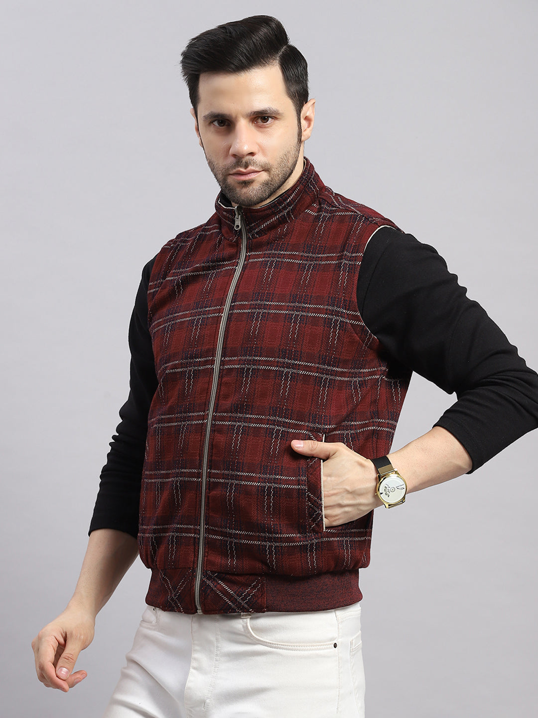 Men Beige Solid Collar Sleeveless Reversible Jacket