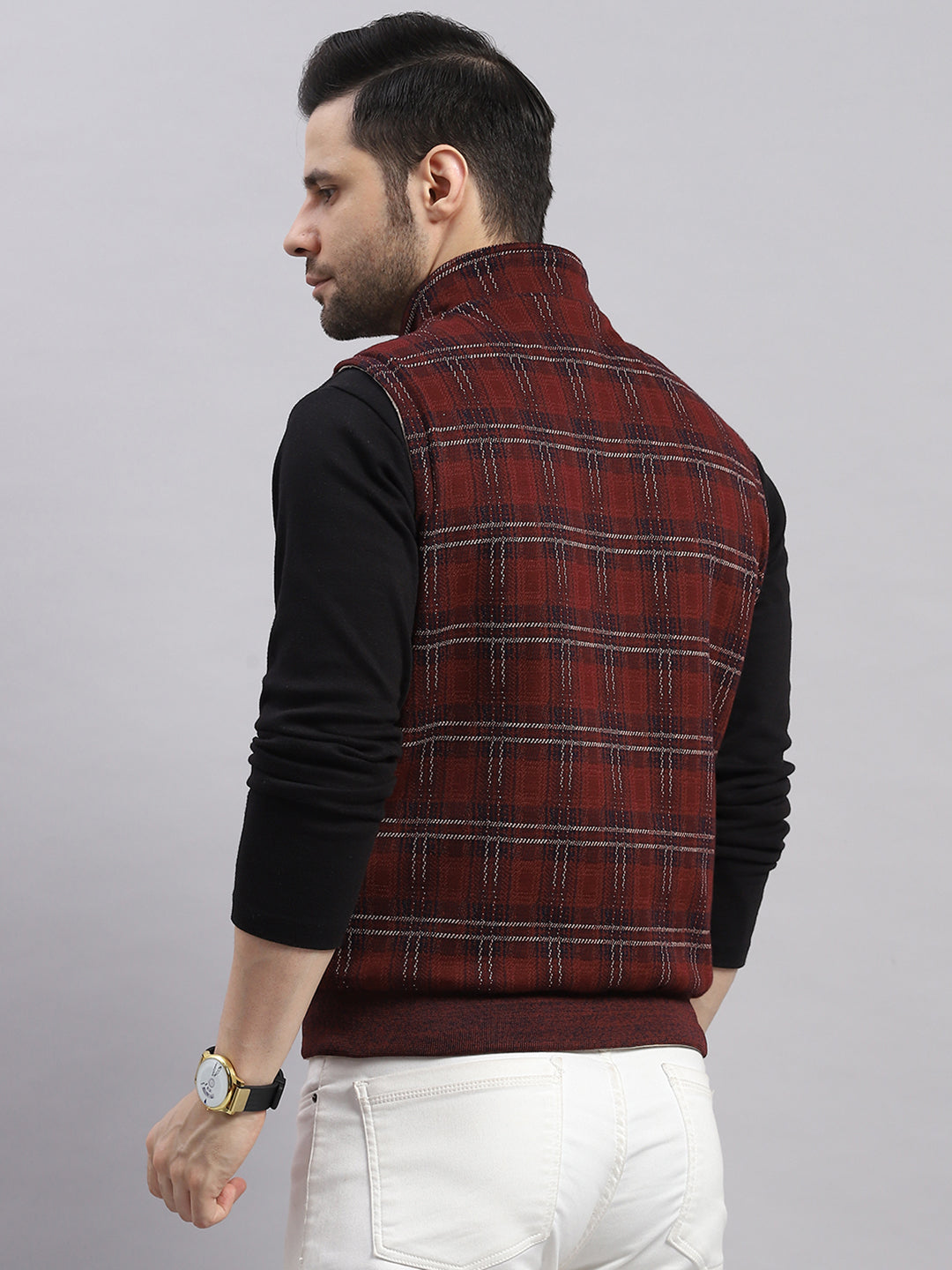 Men Beige Solid Collar Sleeveless Reversible Jacket