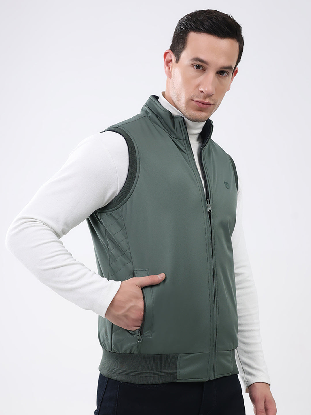 Men Green Solid Mock Neck Sleeveless Reversible Jacket