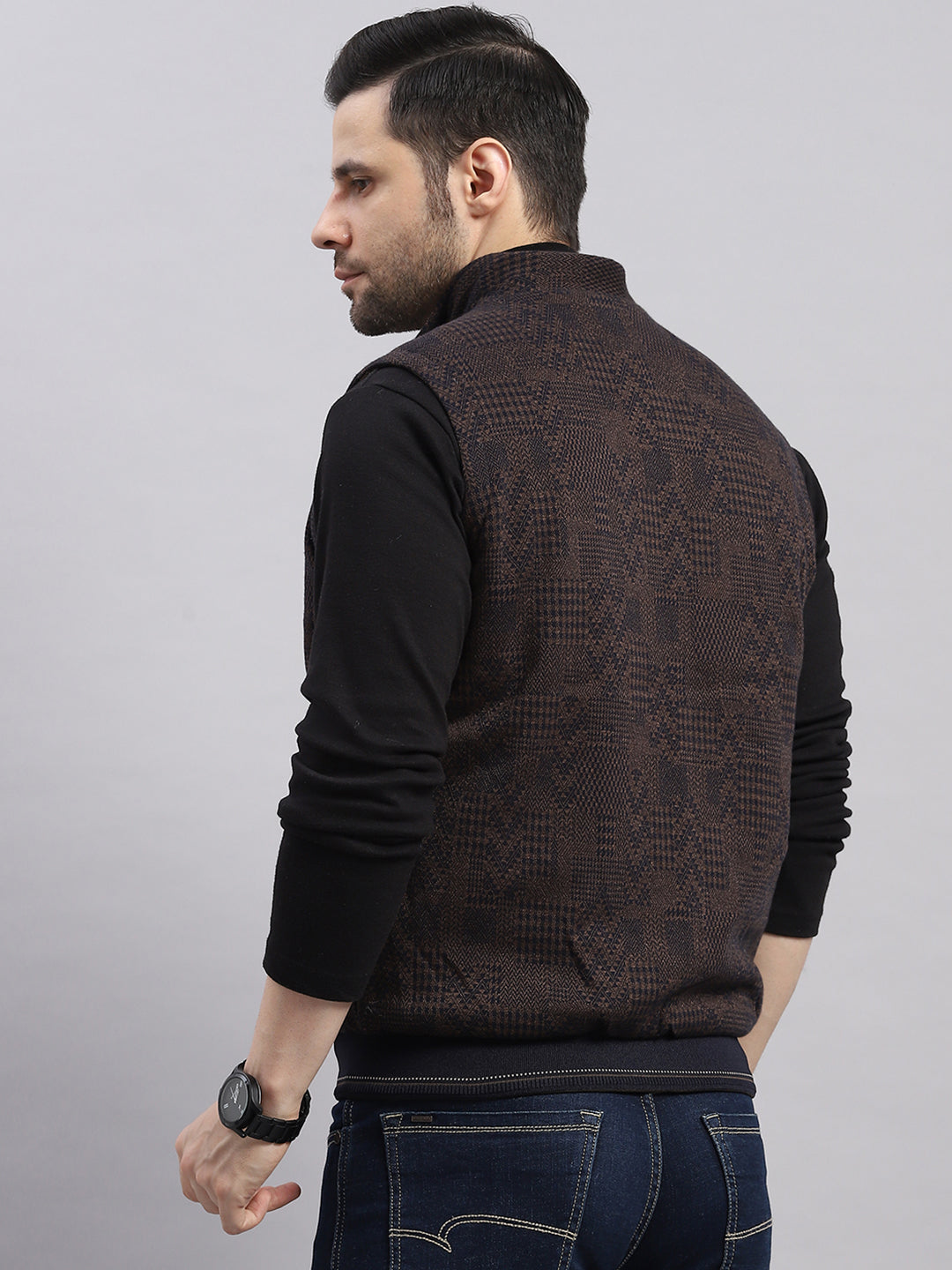 Men Brown Solid Collar Sleeveless Reversible Jacket