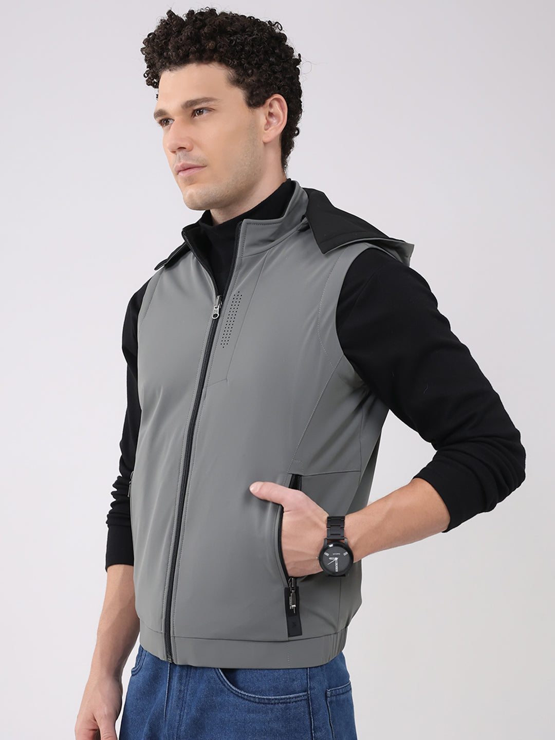 Men Olive Solid Hooded Sleeveless Reversible Jacket