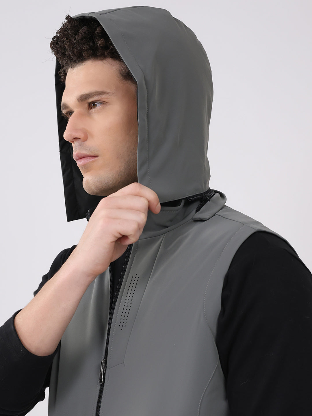 Men Olive Solid Hooded Sleeveless Reversible Jacket