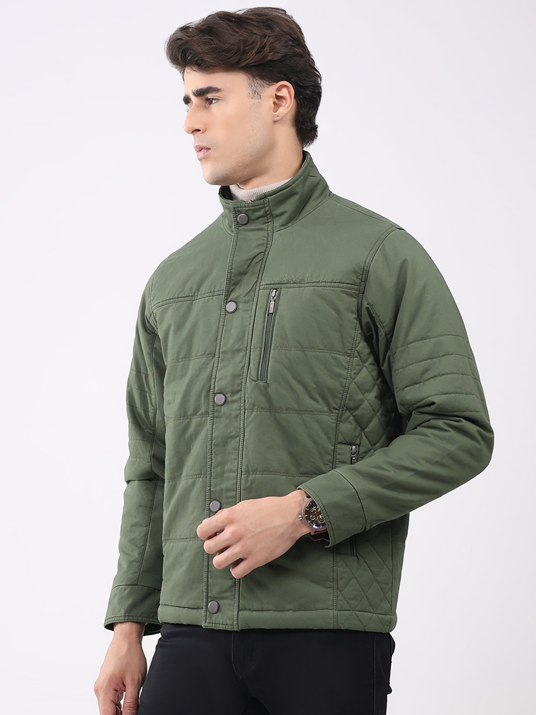 Men Olive Solid Collar Full Sleeve Jacket