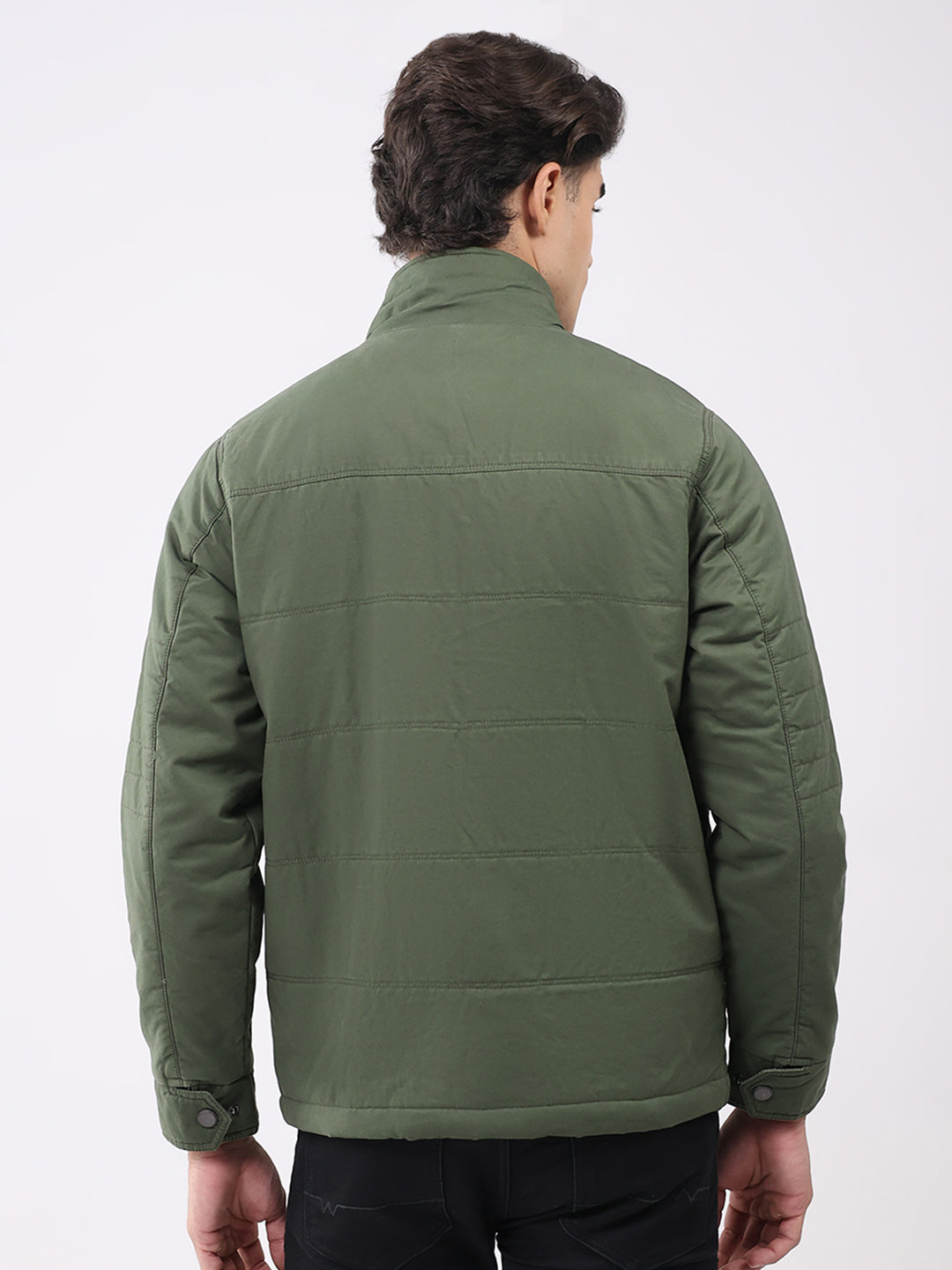 Men Olive Solid Collar Full Sleeve Jacket