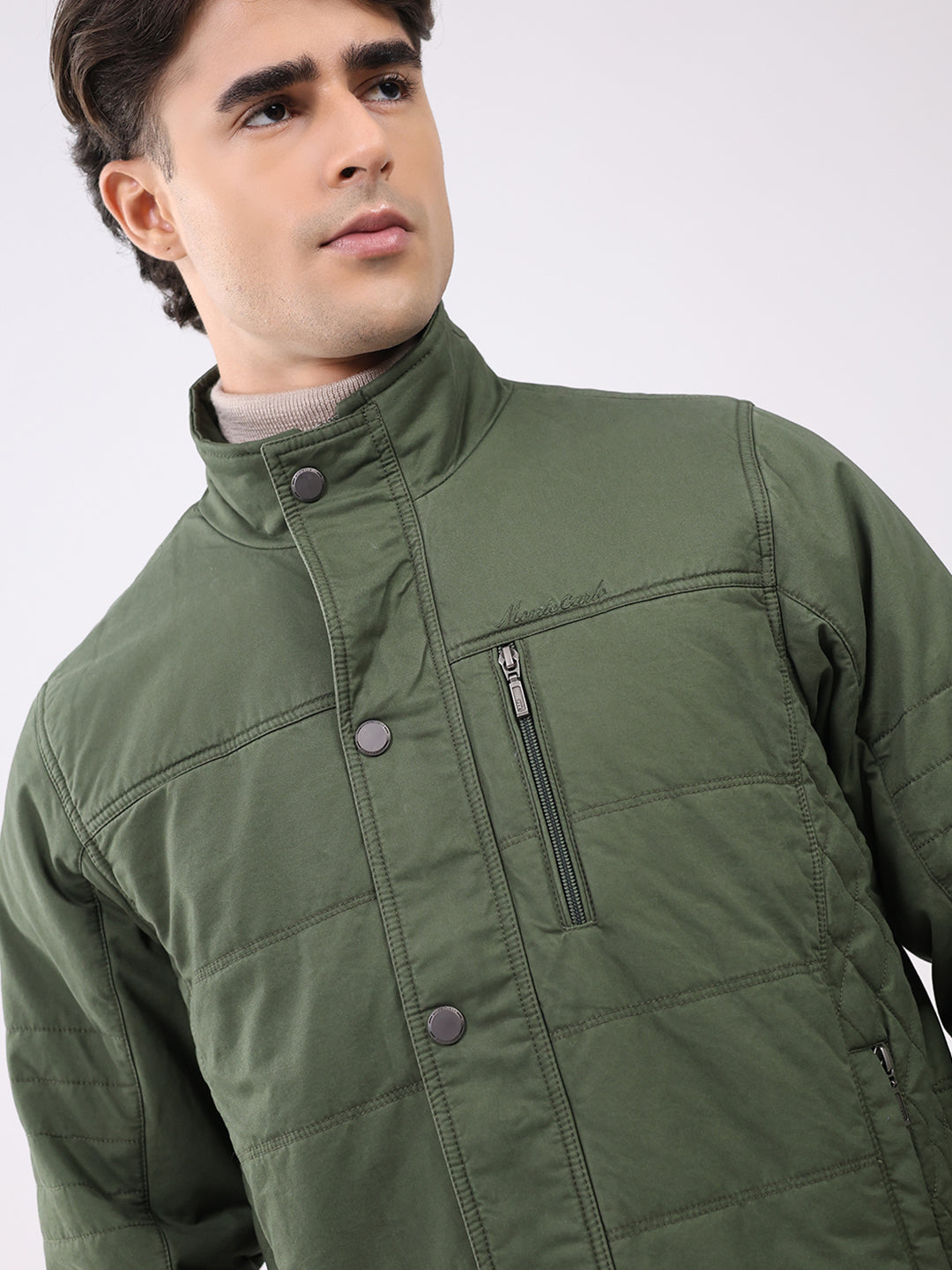 Men Olive Solid Collar Full Sleeve Jacket