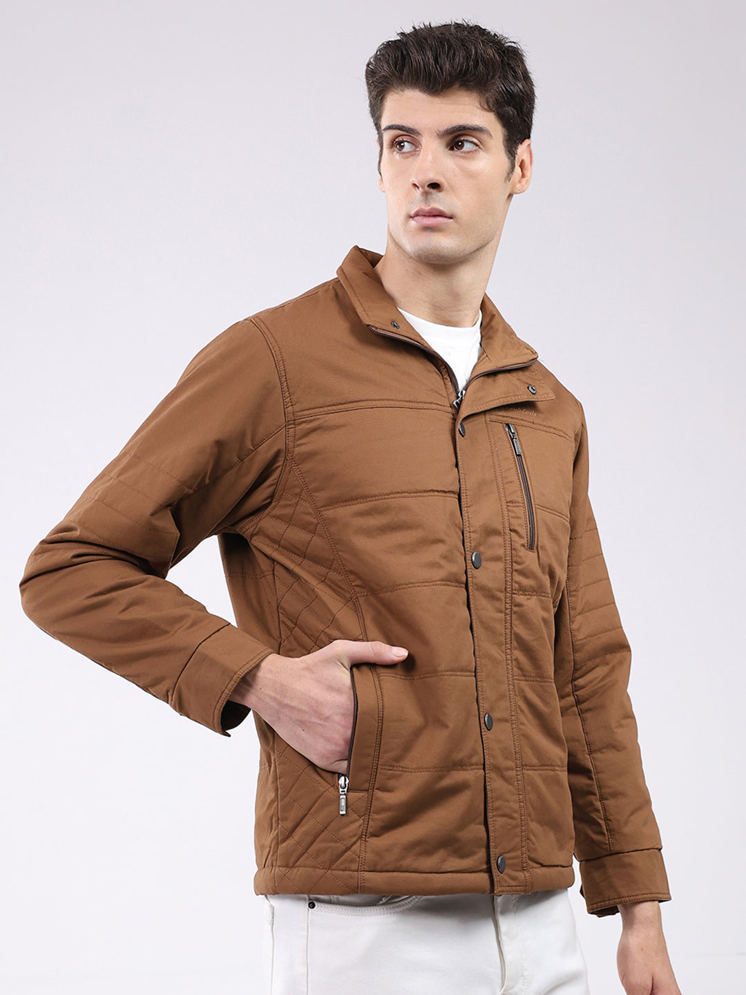 Men Brown Solid Collar Full Sleeve Jacket