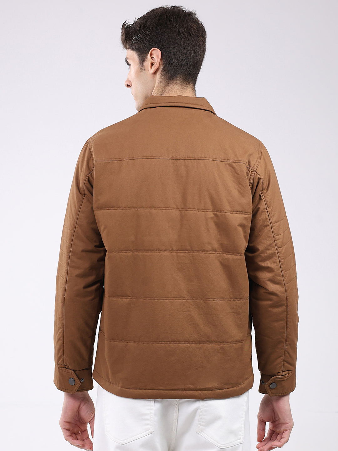Men Brown Solid Collar Full Sleeve Jacket
