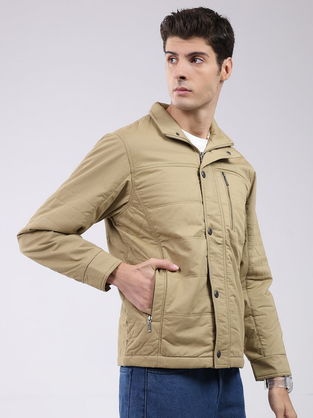 Men Khaki Solid Collar Full Sleeve Jacket