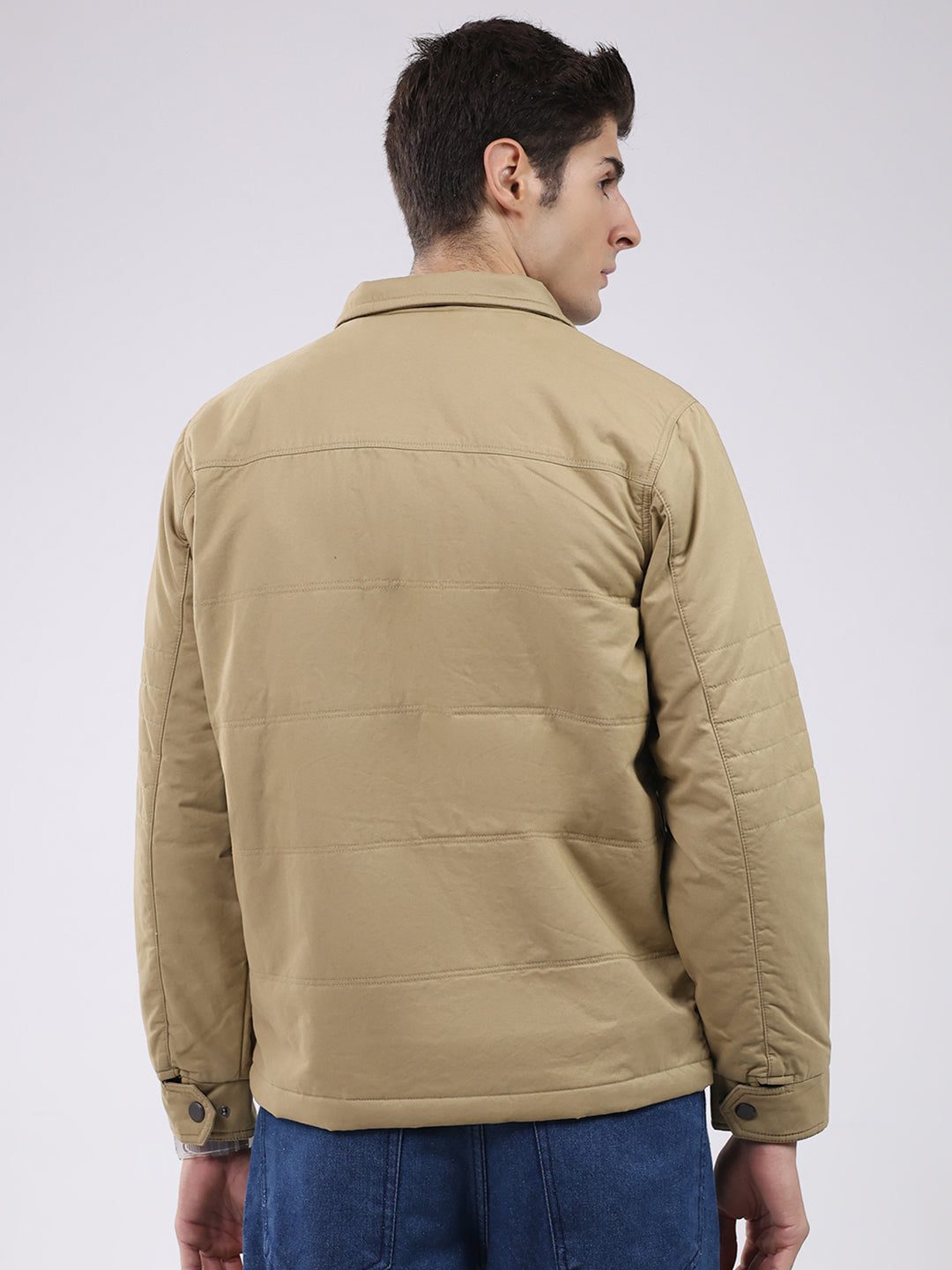 Men Khaki Solid Collar Full Sleeve Jacket