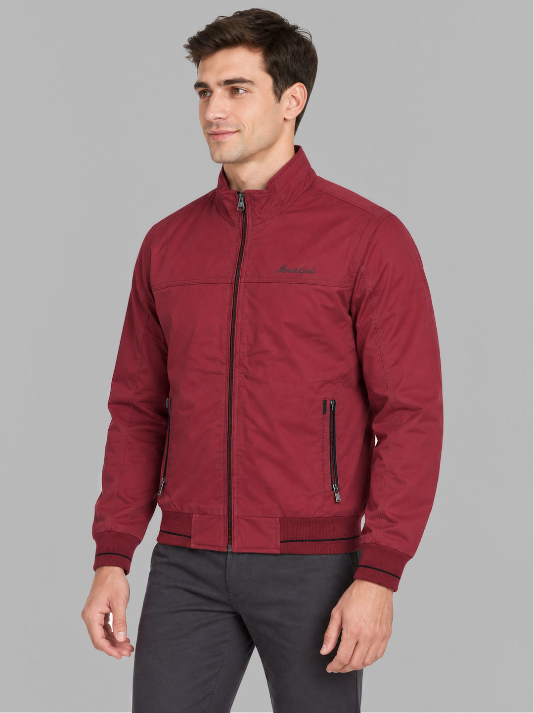 Men Red Solid Mock Neck Full Sleeve Jacket