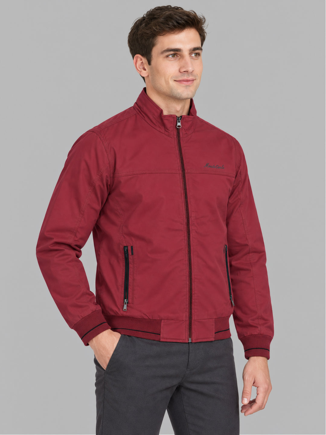 Men Red Solid Mock Neck Full Sleeve Jacket
