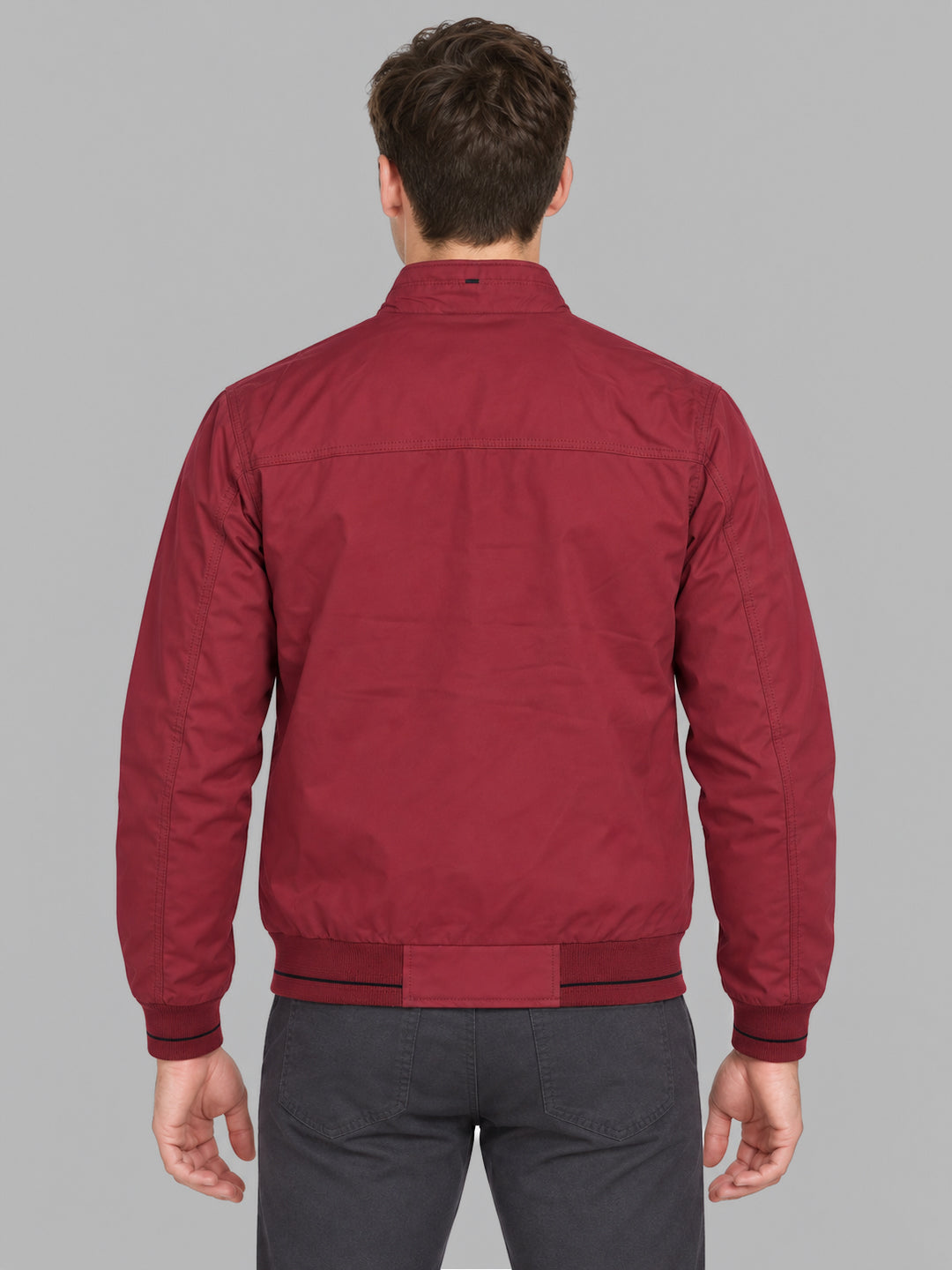 Men Red Solid Mock Neck Full Sleeve Jacket