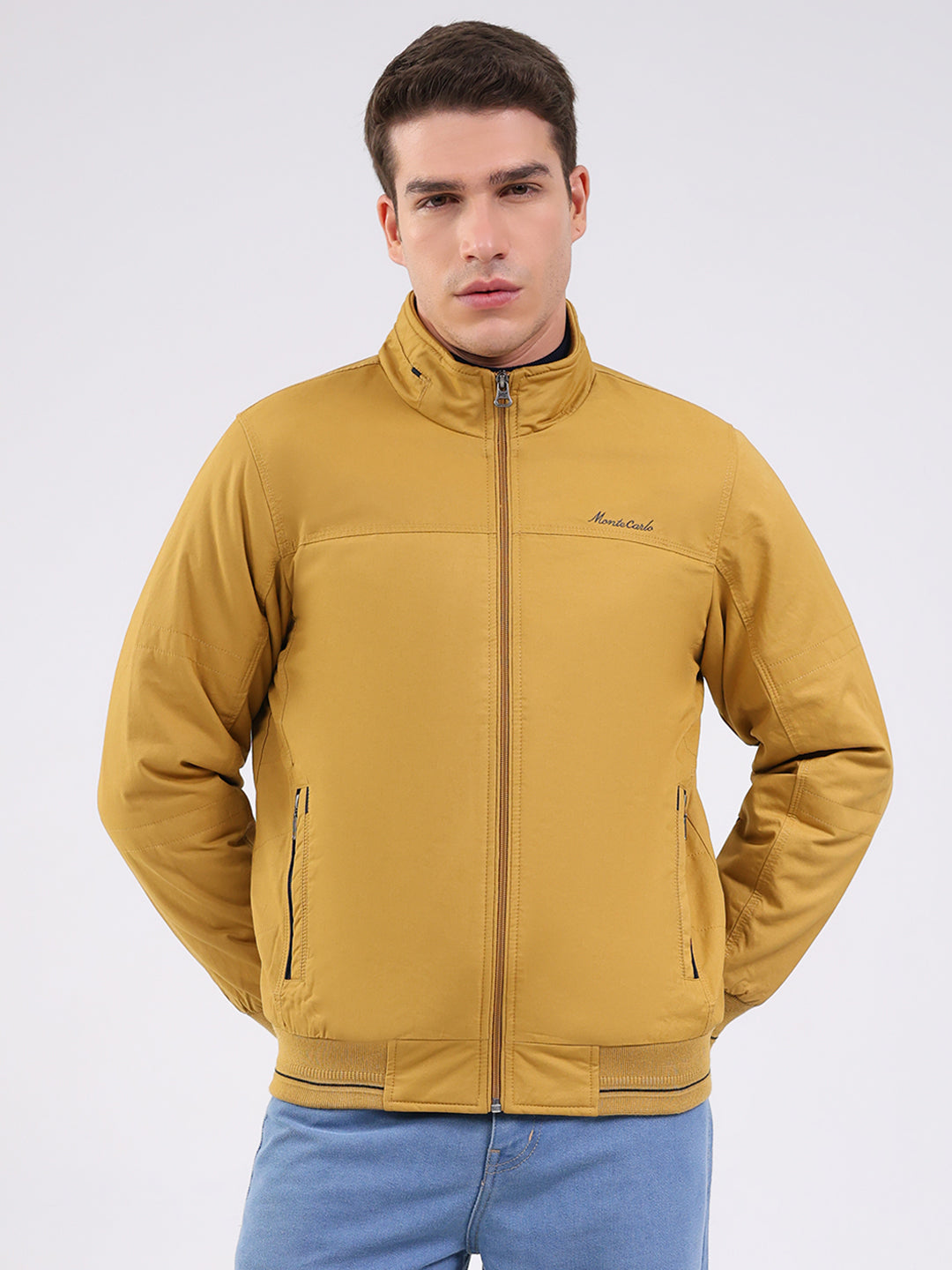Men Mustard Solid Mock Neck Full Sleeve Jacket