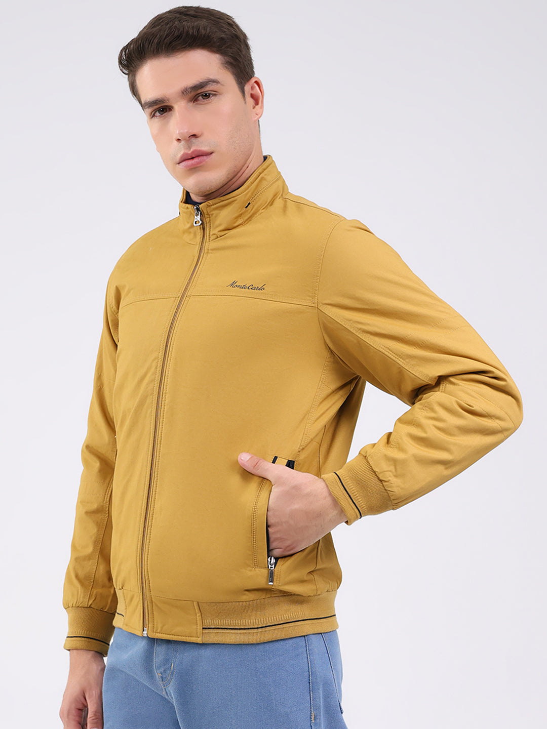 Men Mustard Solid Mock Neck Full Sleeve Jacket