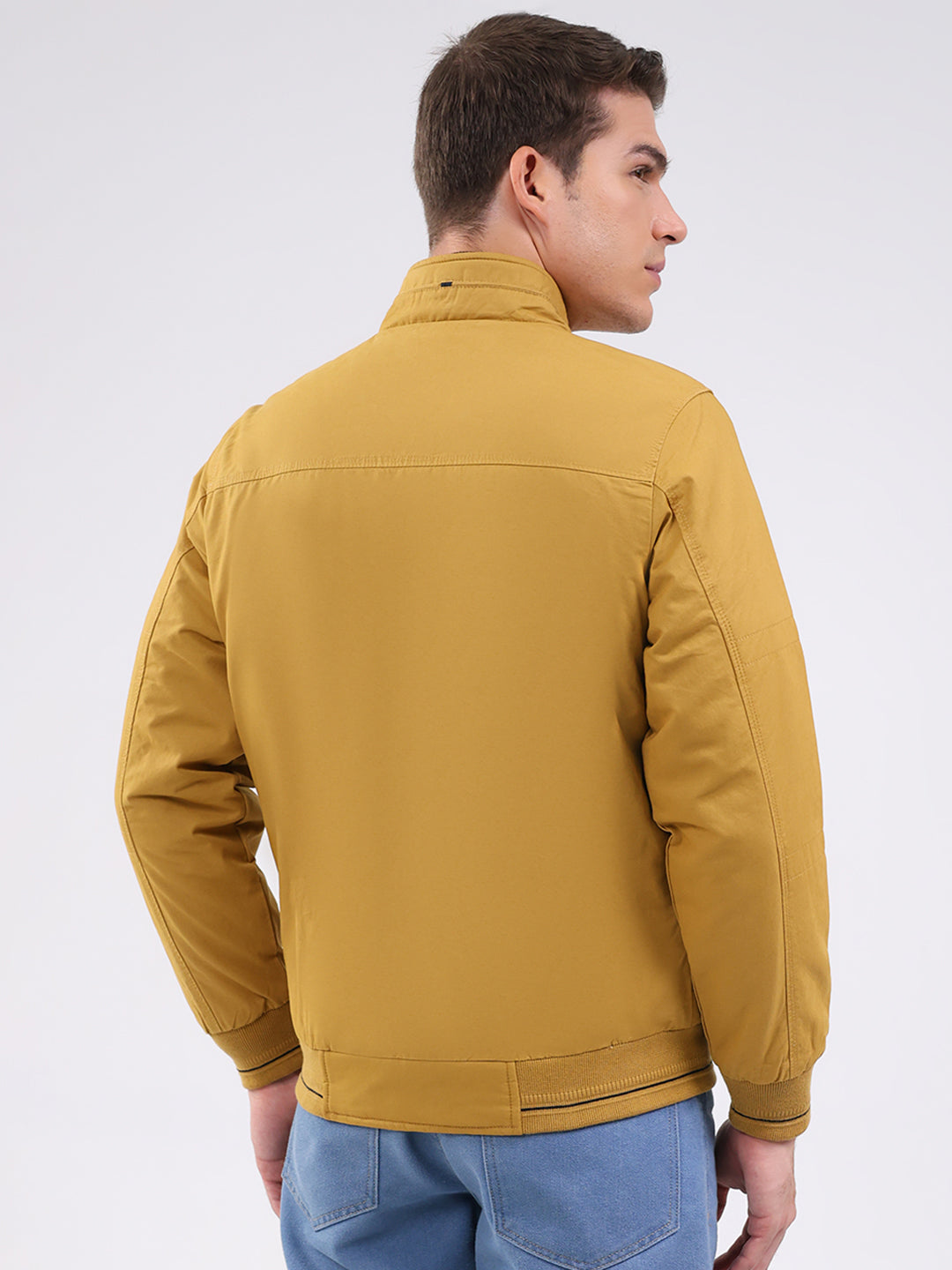 Men Mustard Solid Mock Neck Full Sleeve Jacket
