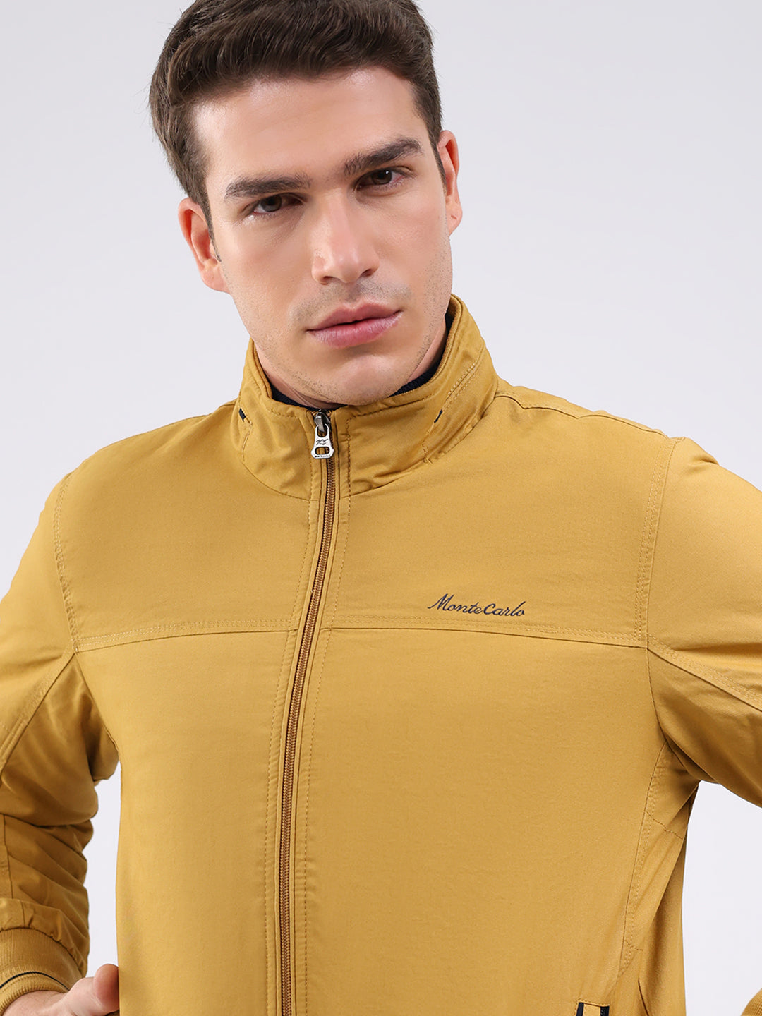 Men Mustard Solid Mock Neck Full Sleeve Jacket