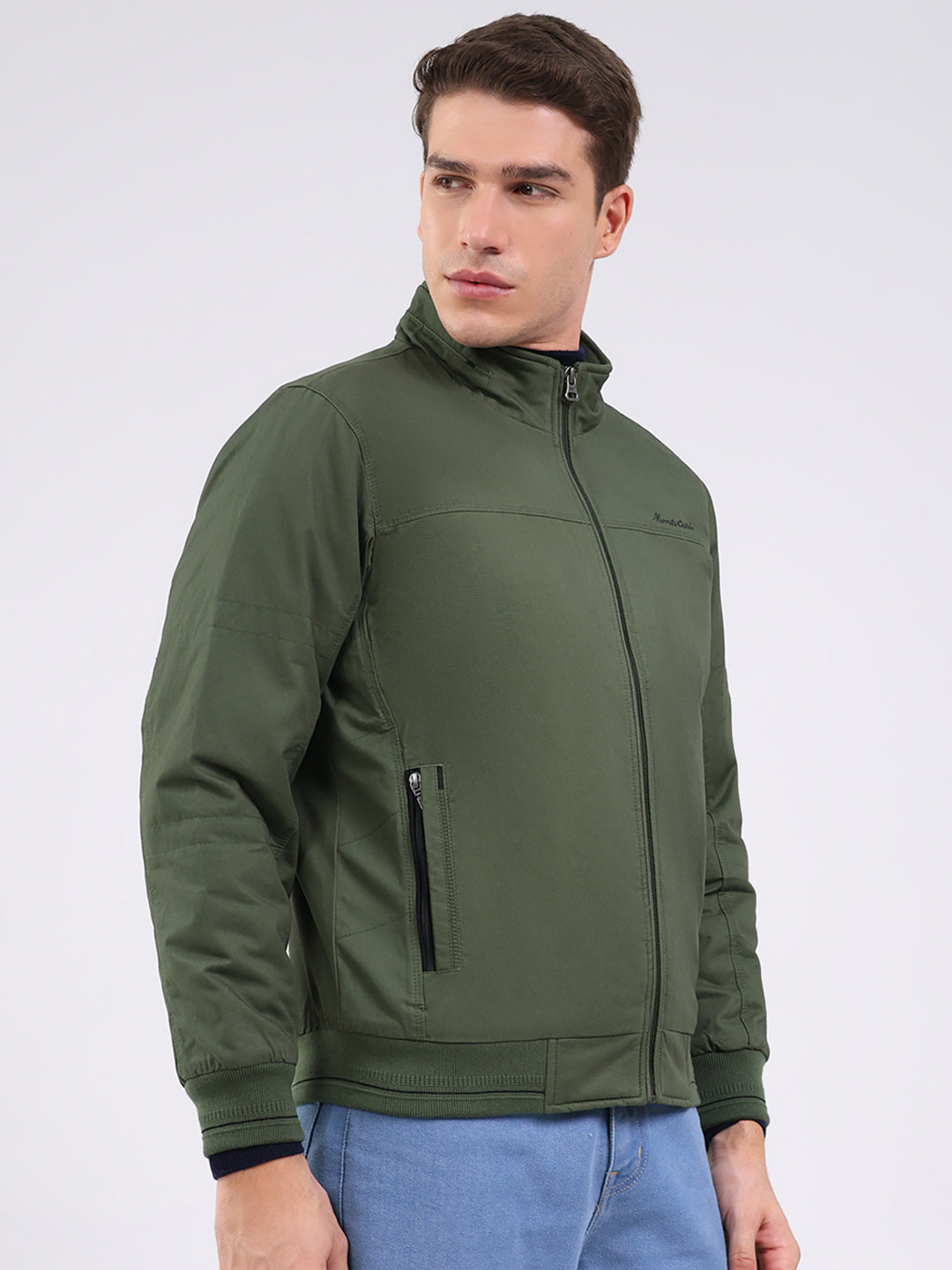 Men Olive Solid Mock Neck Full Sleeve Jacket