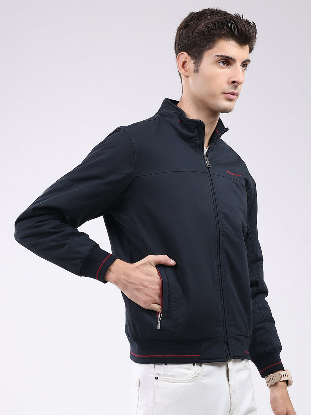 Men Navy Blue Solid Collar Full Sleeve Jacket