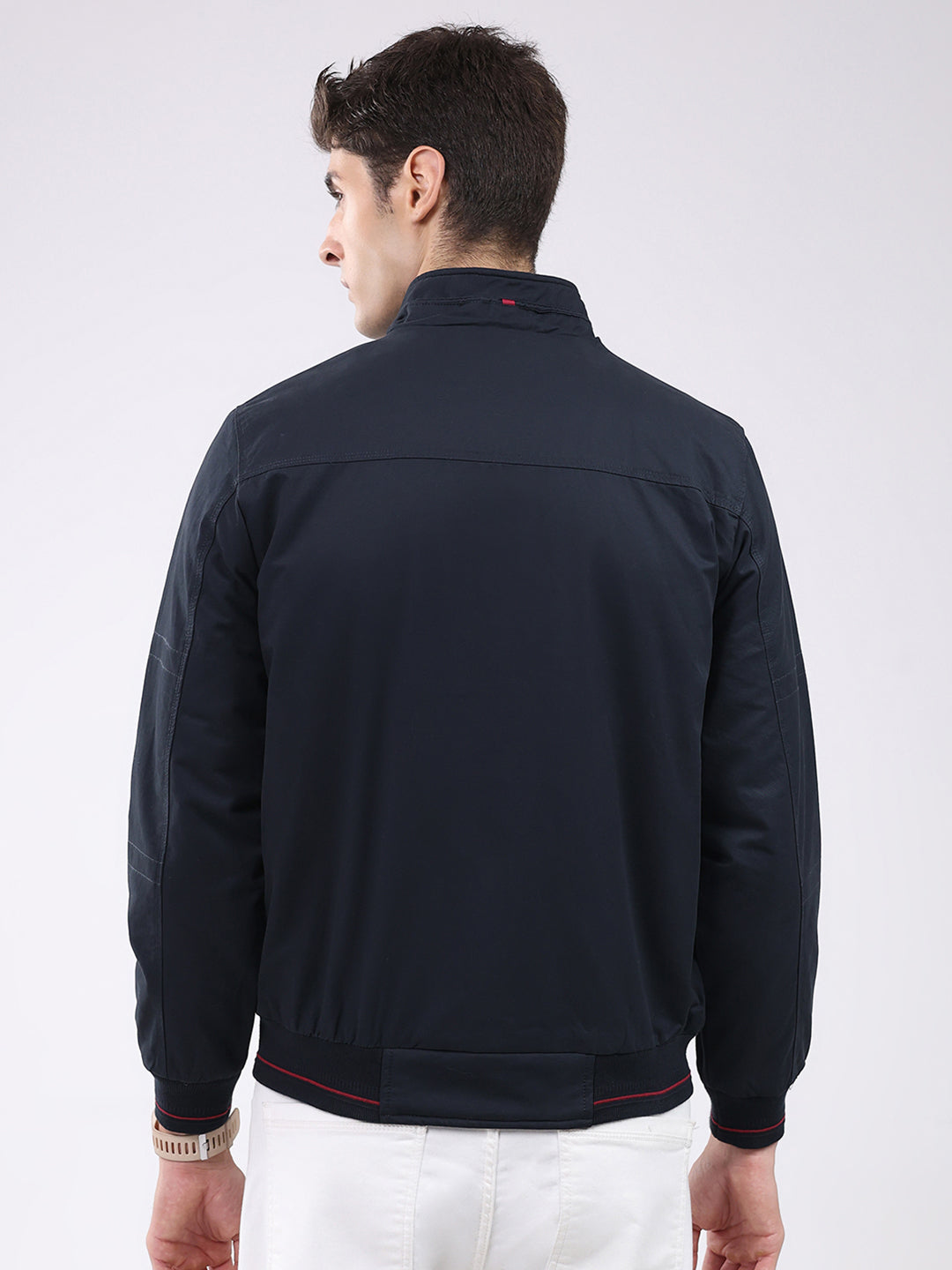 Men Navy Blue Solid Collar Full Sleeve Jacket