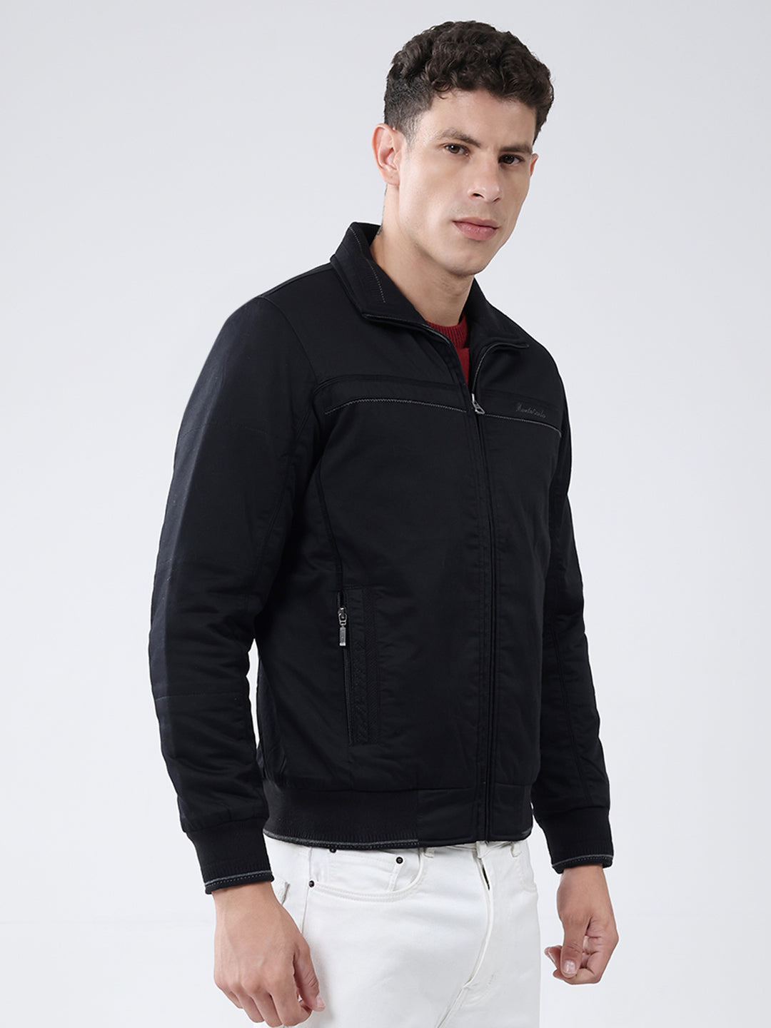 Men Black Solid Collar Full Sleeve Jacket