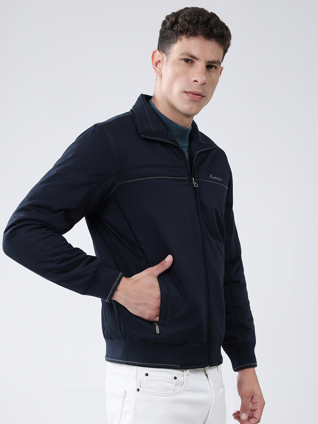 Men Navy Blue Solid Collar Full Sleeve Jacket