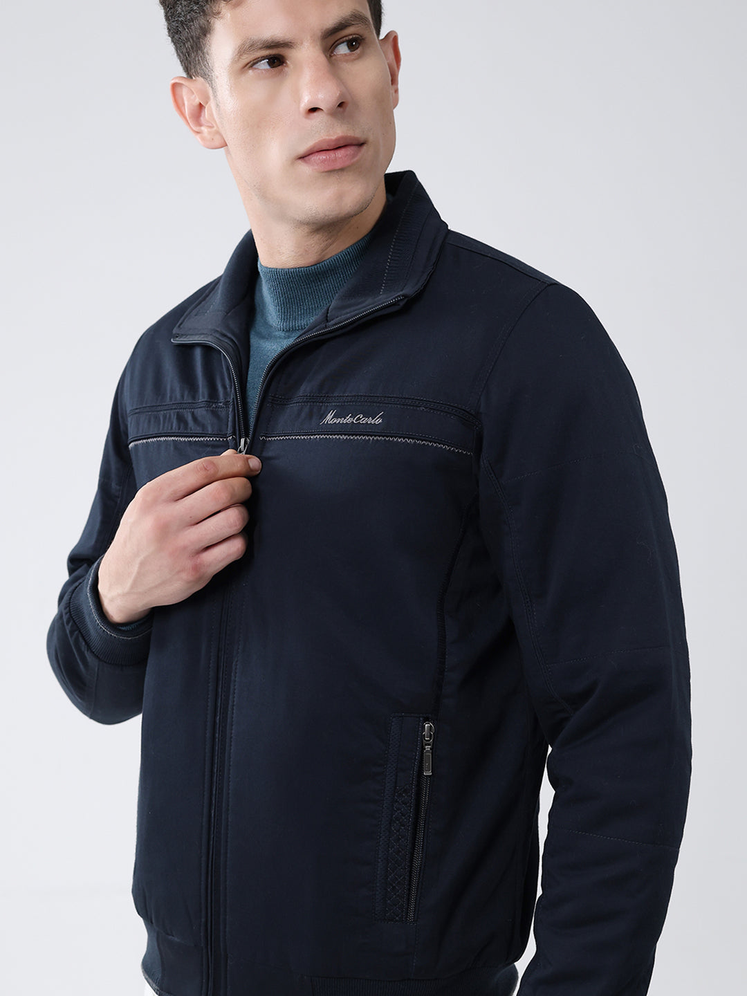 Men Navy Blue Solid Collar Full Sleeve Jacket