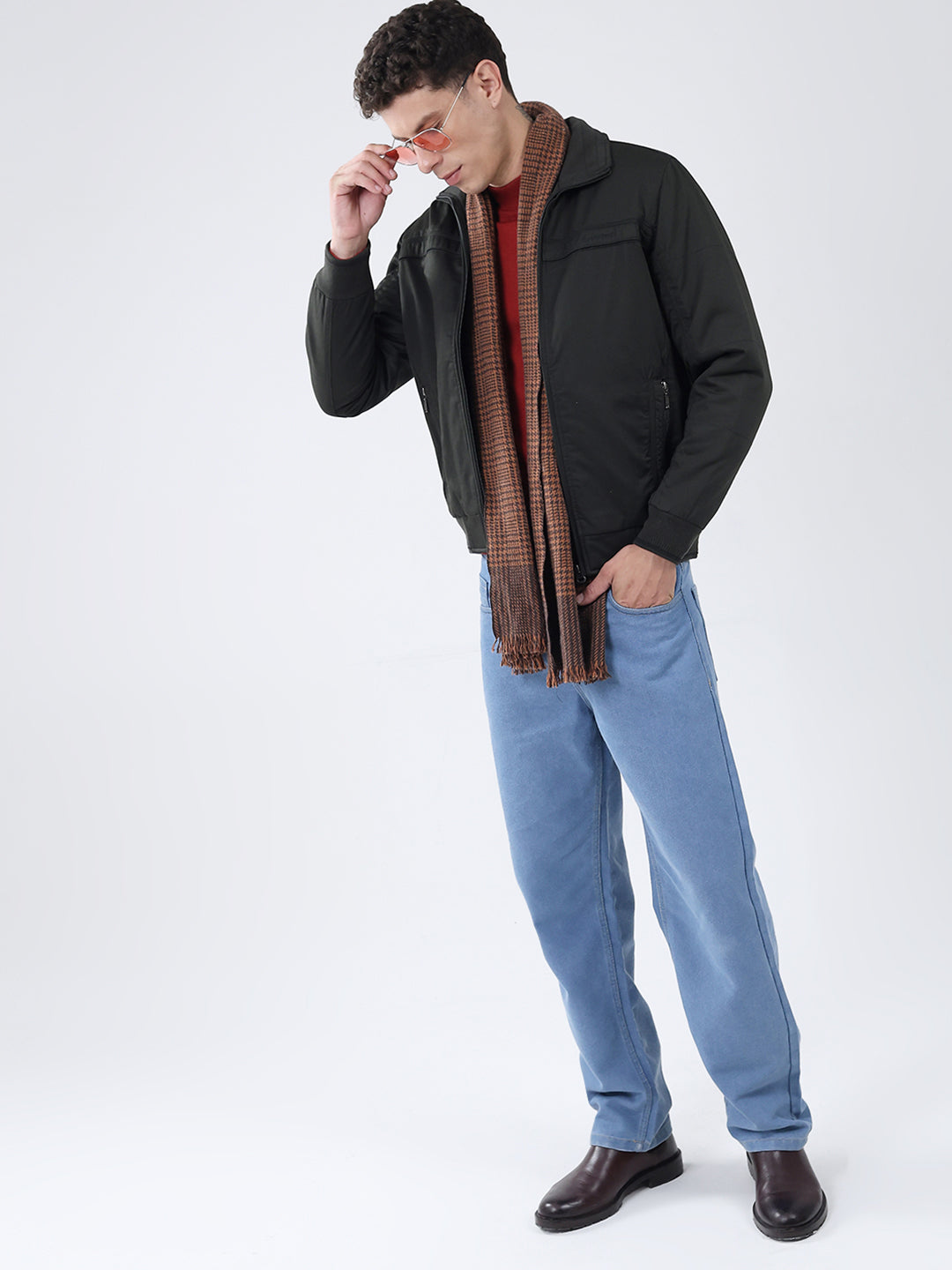 Men Olive Solid Collar Full Sleeve Jacket