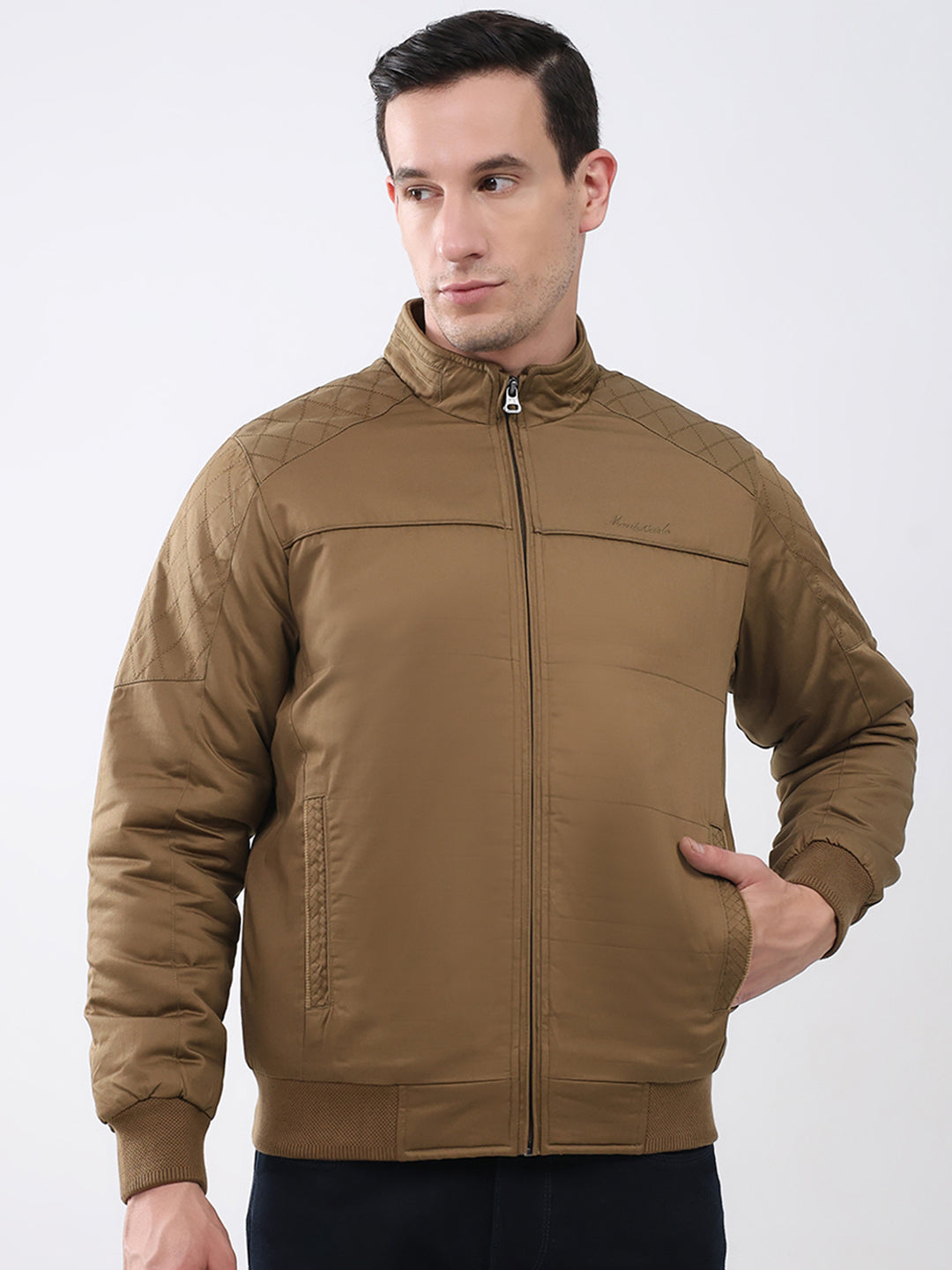 Men Brown Solid Mock Neck Full Sleeve Jacket