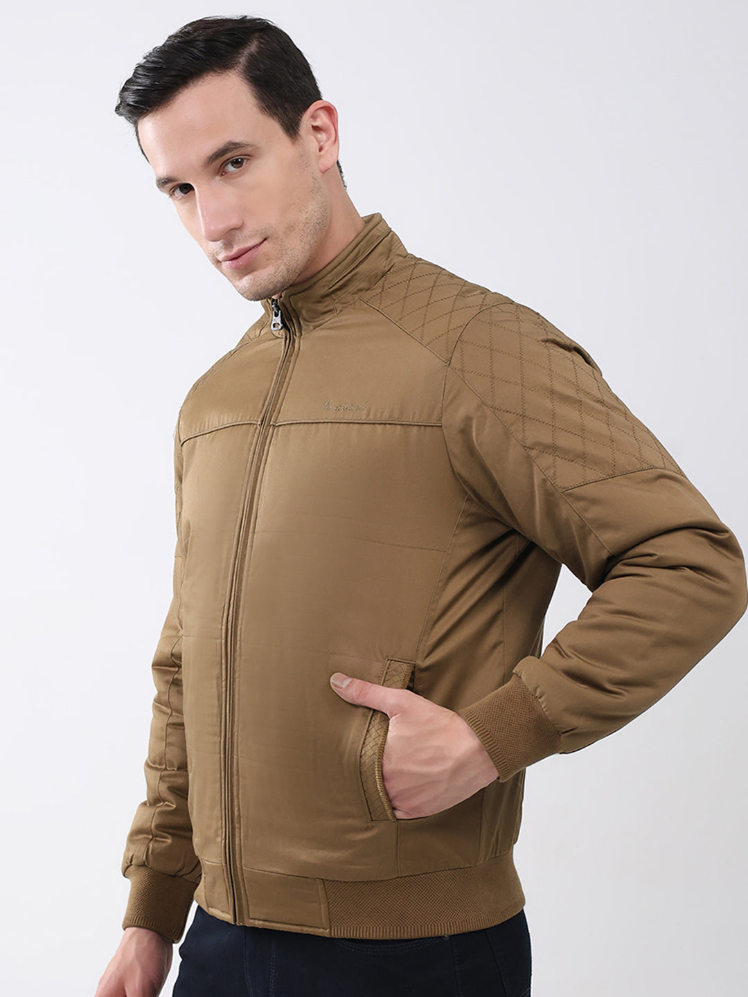 Men Brown Solid Mock Neck Full Sleeve Jacket