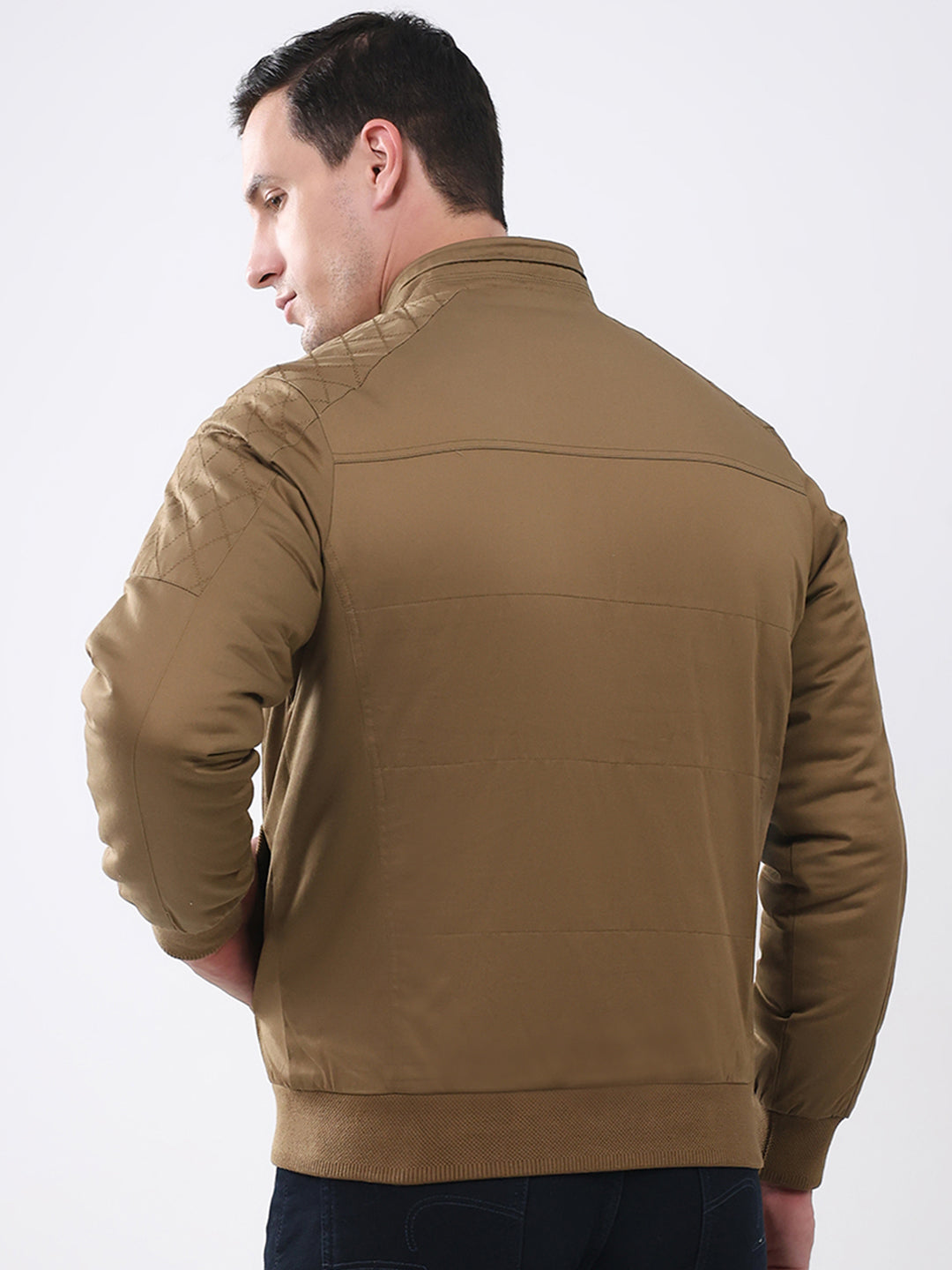 Men Brown Solid Mock Neck Full Sleeve Jacket