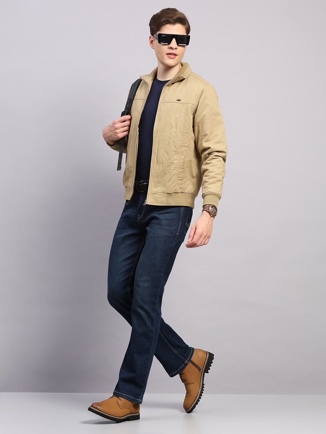 Men Khaki Solid Collar Full Sleeve Jacket