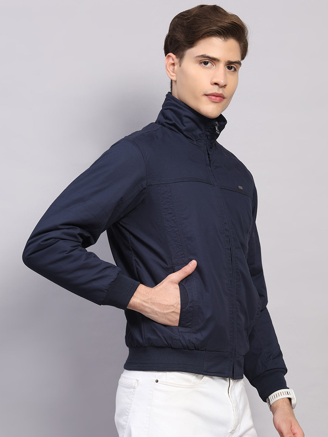 Men Navy Blue Solid Collar Full Sleeve Jacket