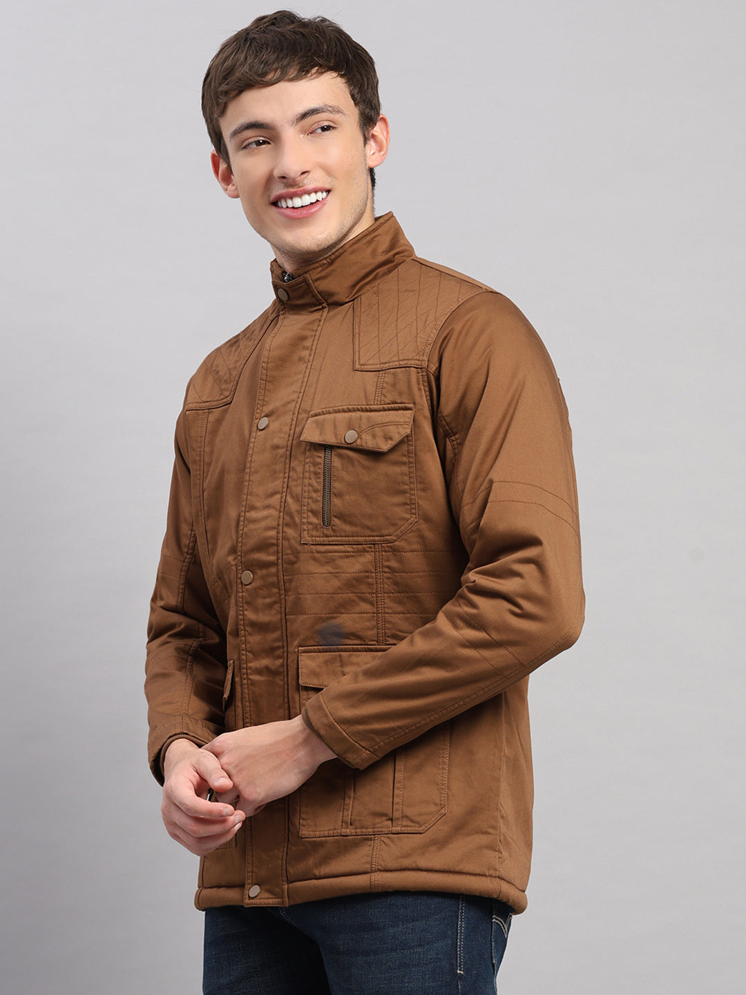 Men Brown Solid Stand Collar Full Sleeve Jacket