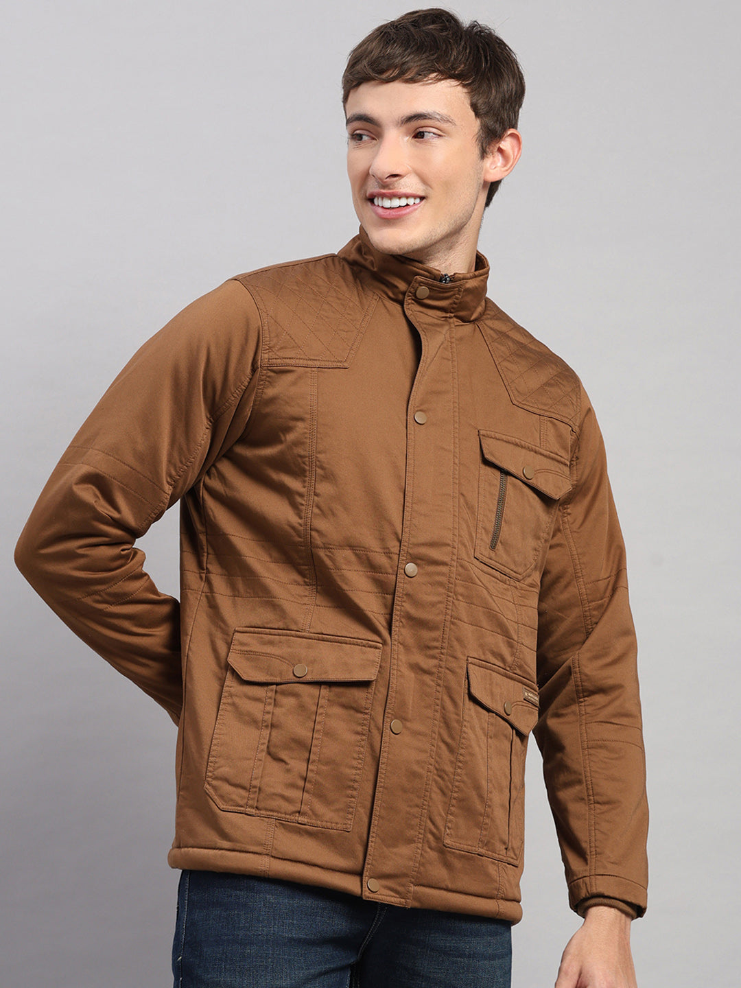 Men Brown Solid Stand Collar Full Sleeve Jacket