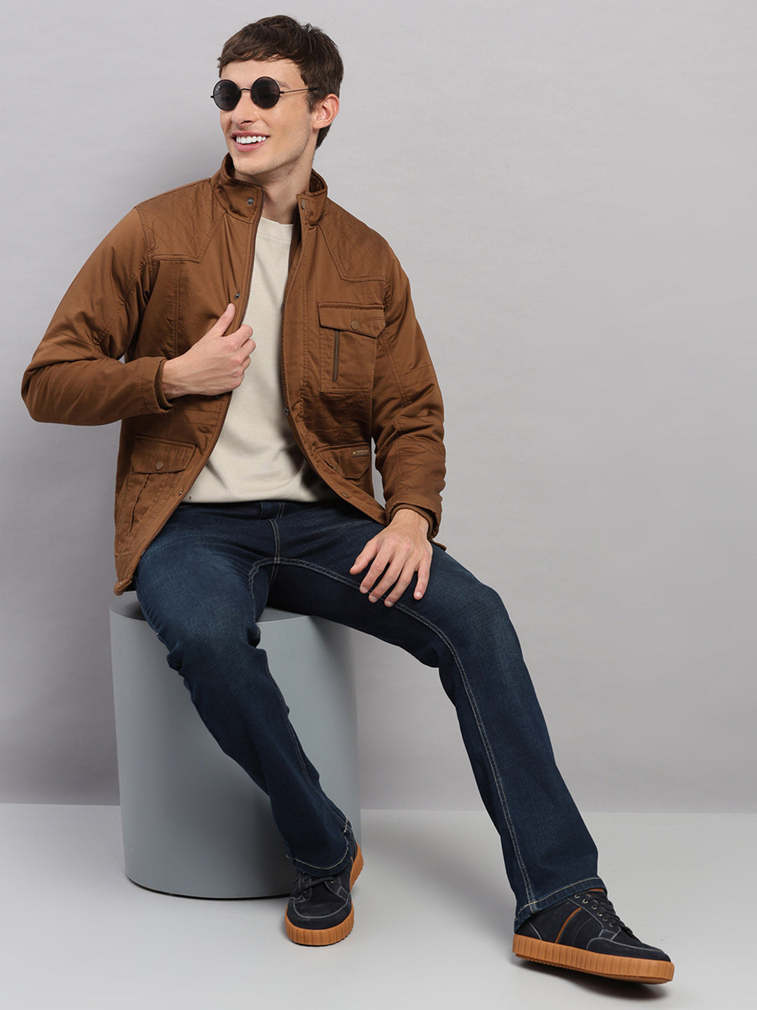 Men Brown Solid Stand Collar Full Sleeve Jacket