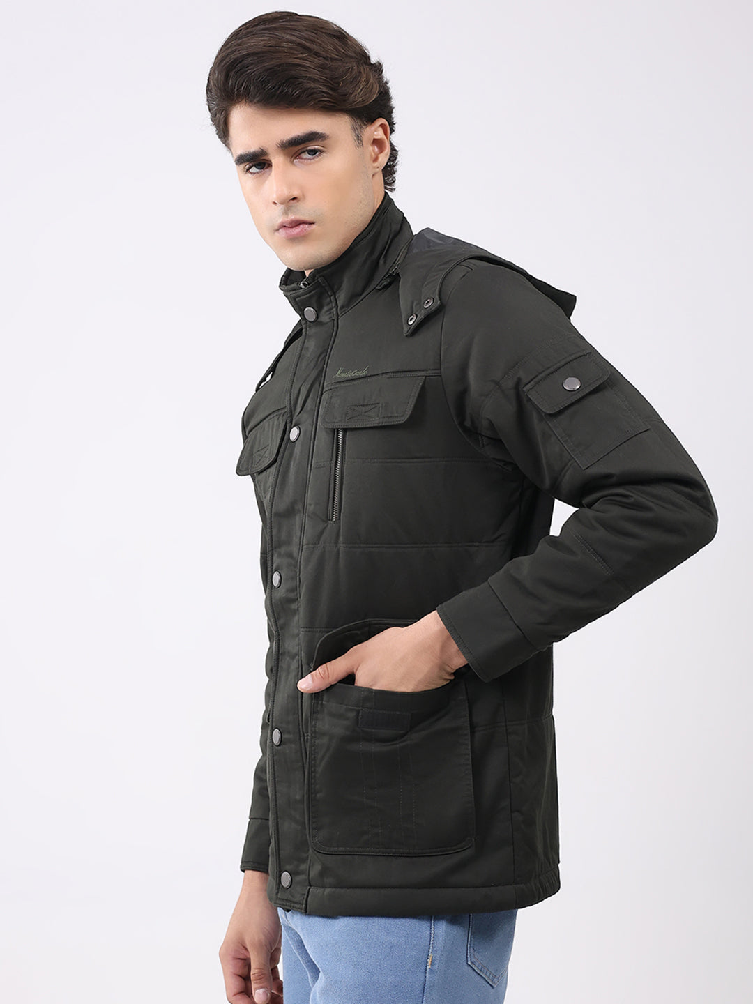 Men Green Solid Collar Full Sleeve Jacket
