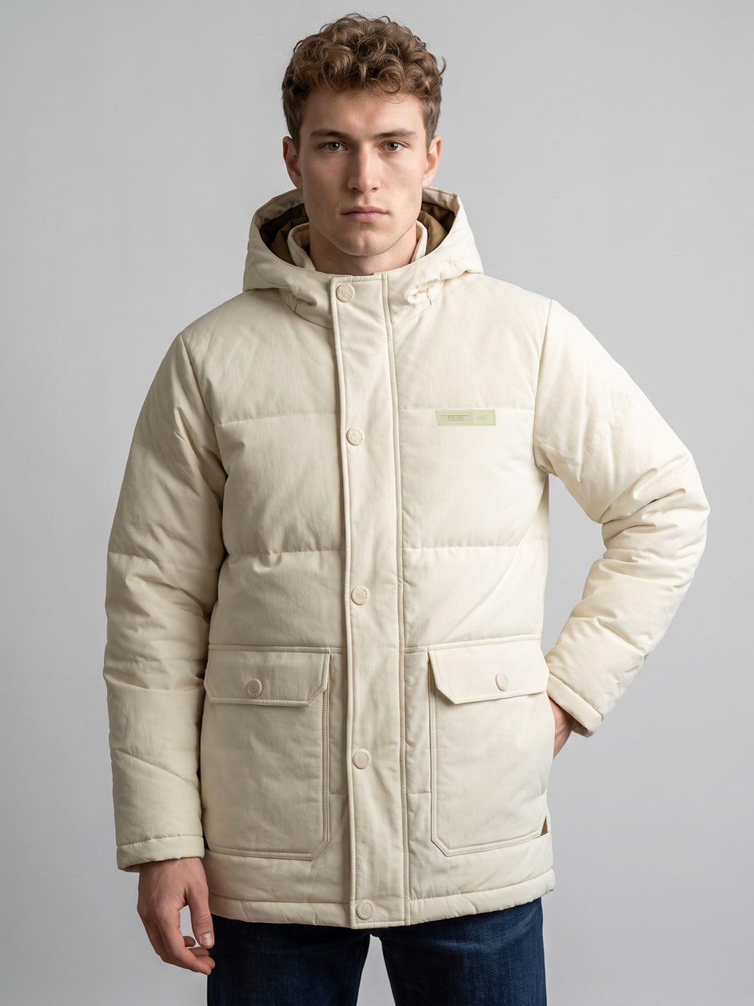 Men Cream Solid Hooded Full Sleeve Jacket