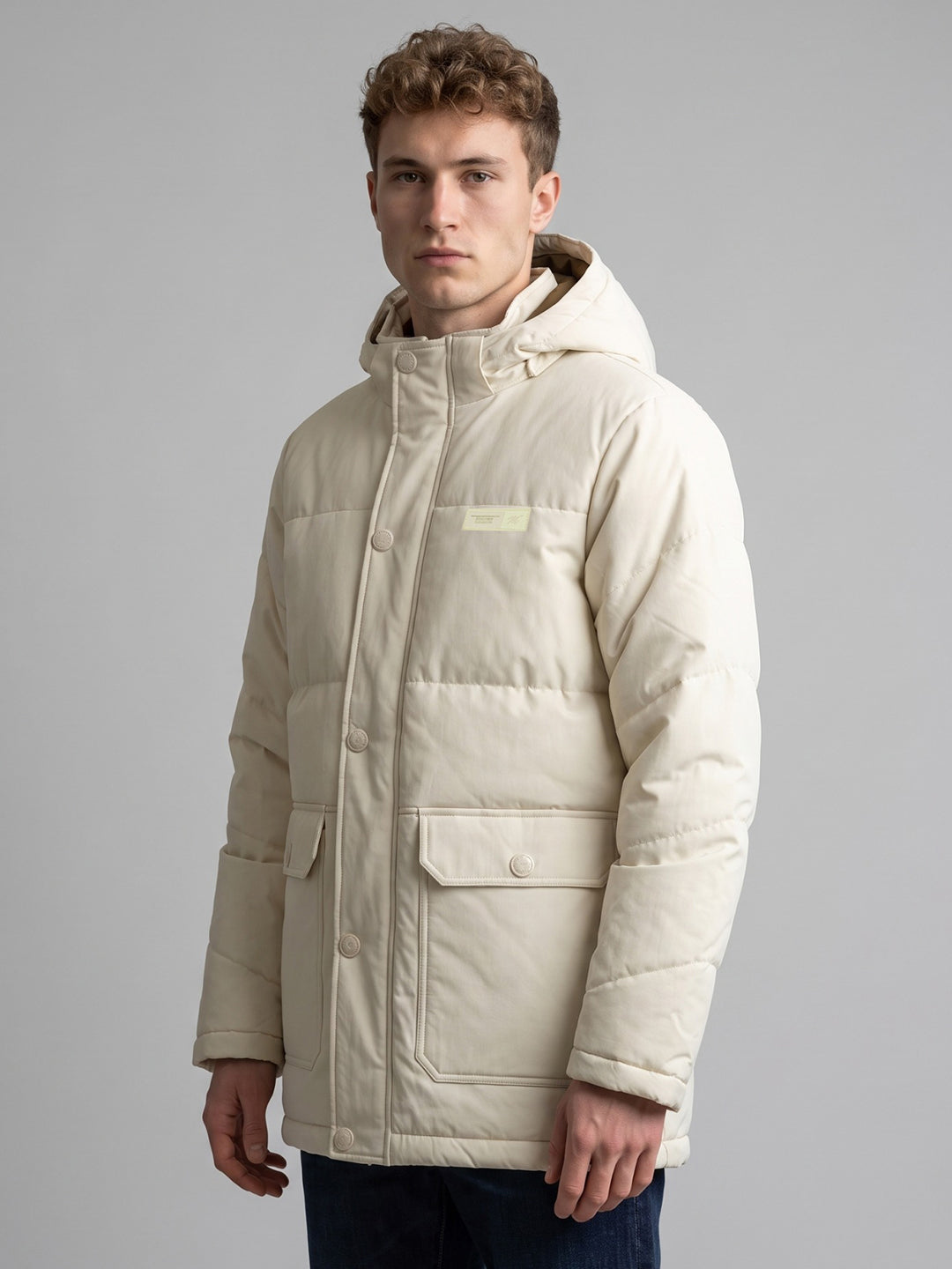 Men Cream Solid Hooded Full Sleeve Jacket