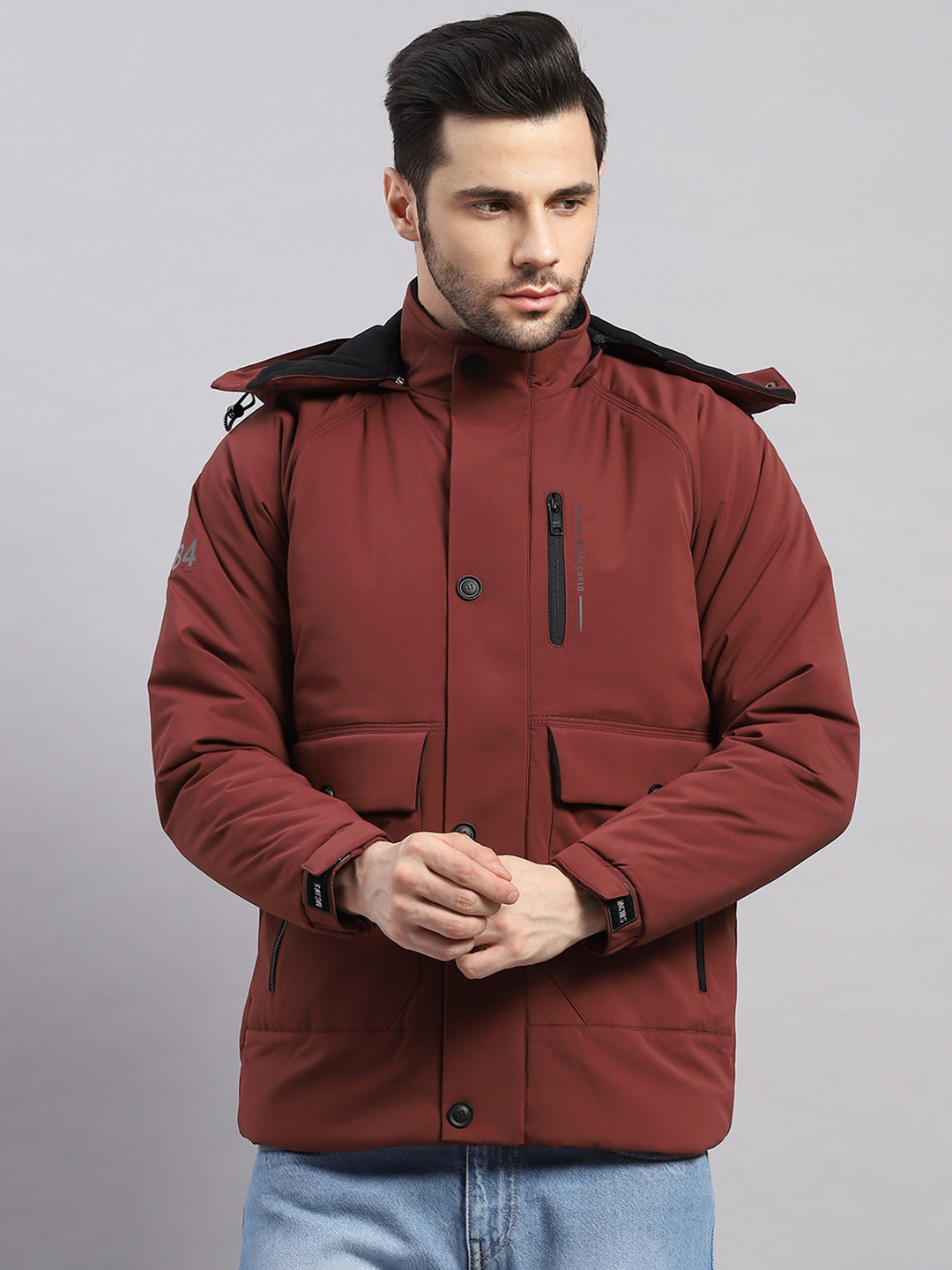 Men Burgundy Solid Hooded Full Sleeve Jacket